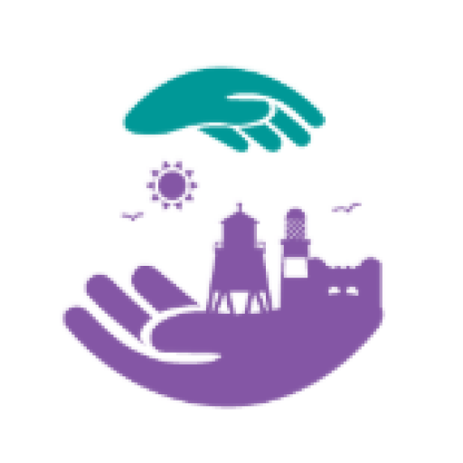 small green hand at the top, large purple hand at the bottom holding landmarks representing south tyneside including the lighthouse