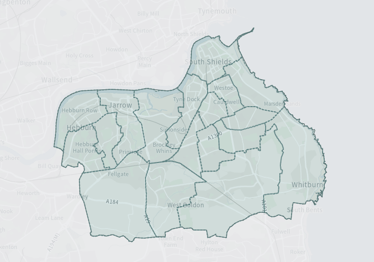 ordinance survey Map of South Tyneside including ward boundary areas