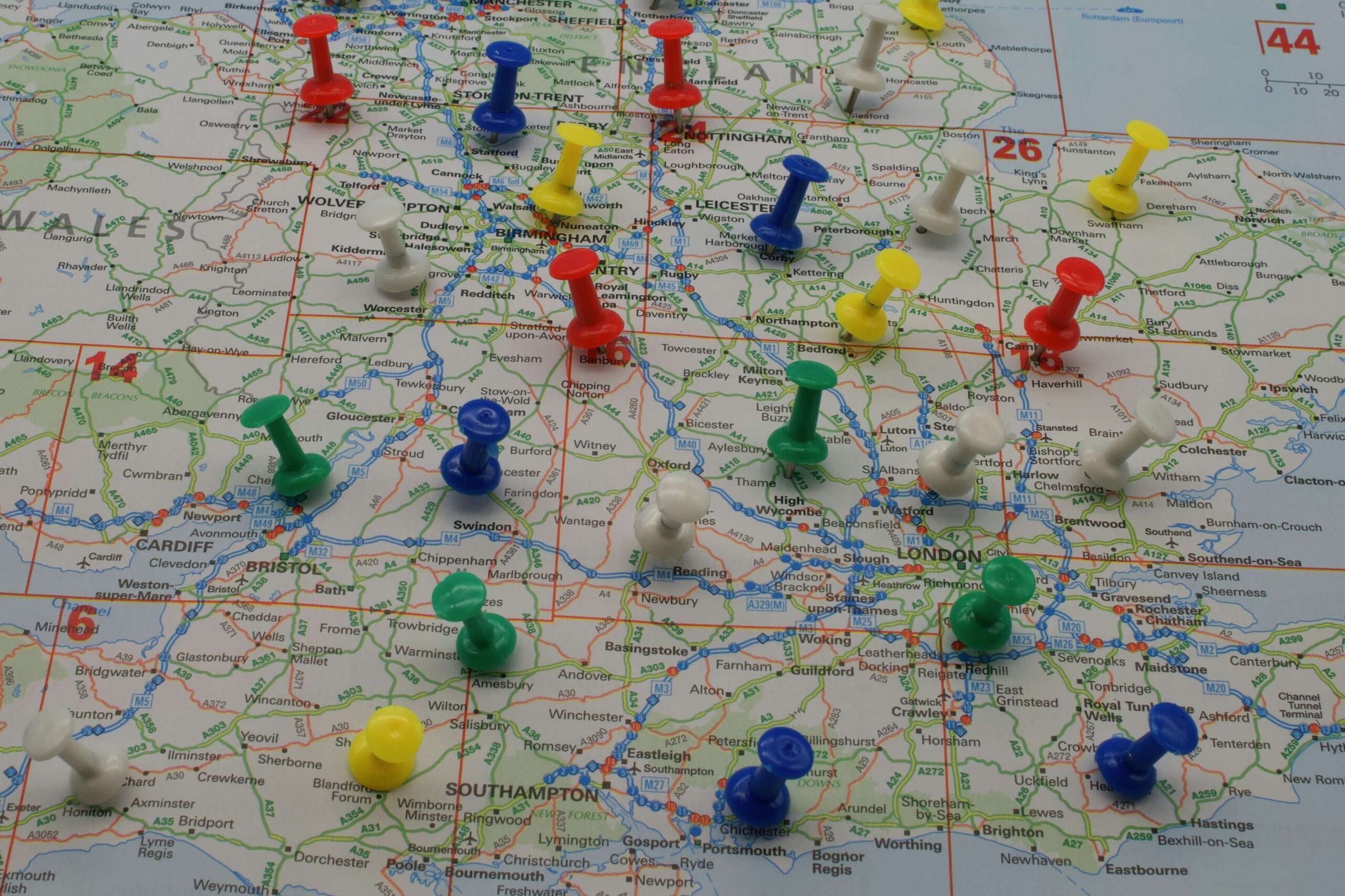 map of southern uk with coloured pins in